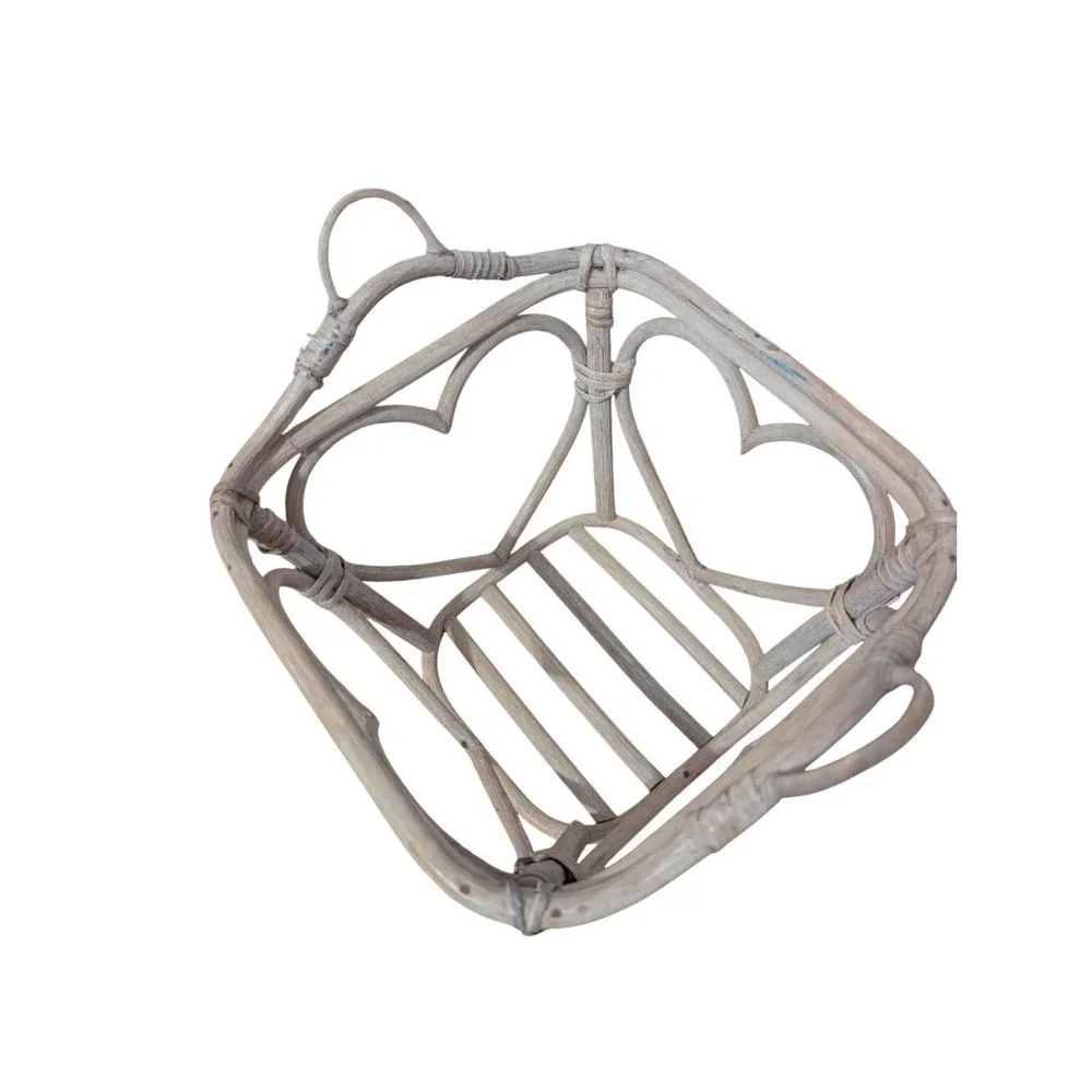 Vintage Whitewashed Rattan Bamboo Basket Heart Cutout‎ Boho Cottagecore Decor